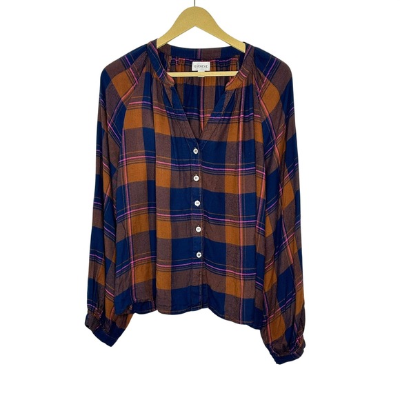 Evereve Plaid Button Front Blouse Womens Large Blue Orange Rayon Long Sleeve - Picture 2 of 10